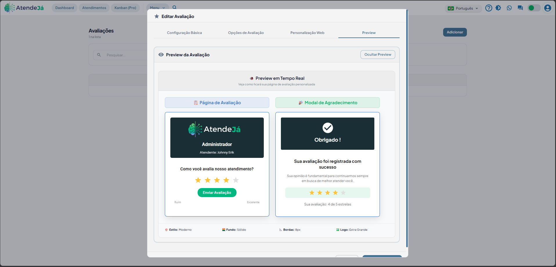 03 - Envio de avaliação ao encerrar atendimento
